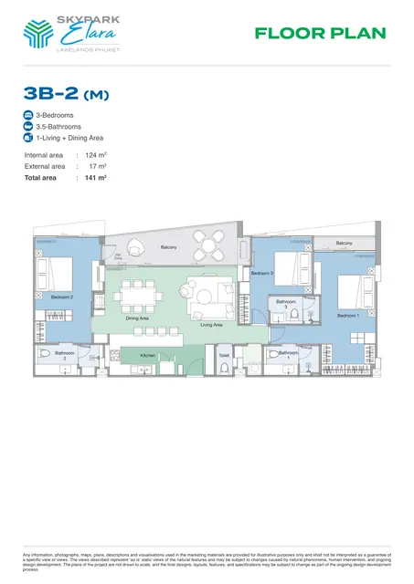 Skypark Elara Lakelands — 3 спальни · 3B-2 · 141 м², Банг Тао и Лагуна, Пхукет