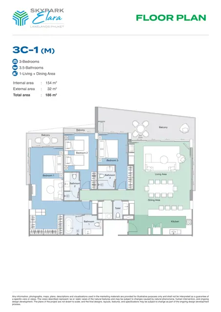 Skypark Elara Lakelands — 3 спальни · 3C-1 · 186 м², Банг Тао и Лагуна, Пхукет