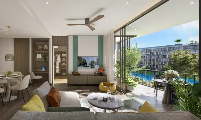 Skypark Elara Lakelands — Гостиная с выходом на балкон, Банг Тао и Лагуна, Пхукет