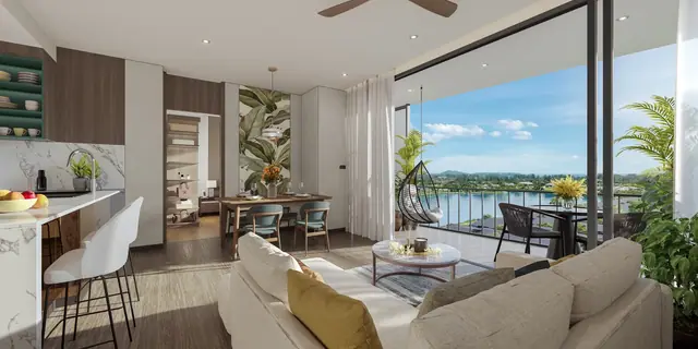Skypark Elara Lakelands — Кухня-гостиная с видом на горы, Банг Тао и Лагуна, Пхукет