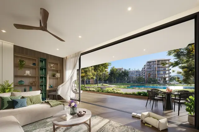 Skypark Elara Lakelands — Гостиная с видом на бассейн и озеро, Банг Тао и Лагуна, Пхукет