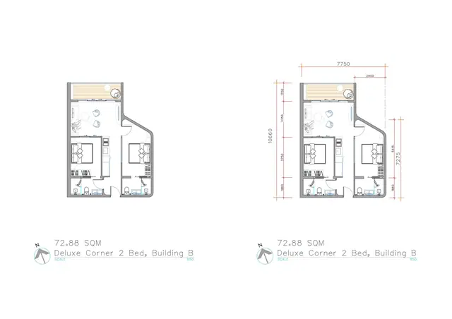 Sole Mio Residences — Deluxe Corner, 2 спальни — корпус B · 73 м², Банг Тао и Лагуна, Пхукет