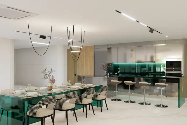 Sole Mio Residences — Столовая и зелёный кухонный остров · пентхаус, 3 спальни, Банг Тао и Лагуна, Пхукет