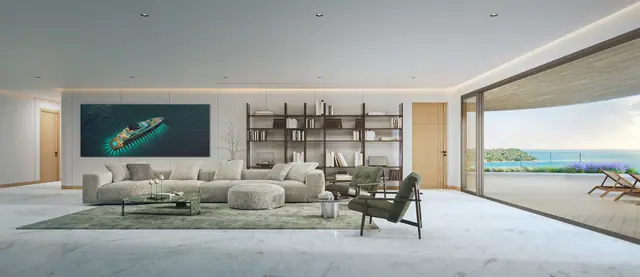 Sole Mio Residences — Гостиная с большим панно · пентхаус, 4 спальни, Банг Тао и Лагуна, Пхукет