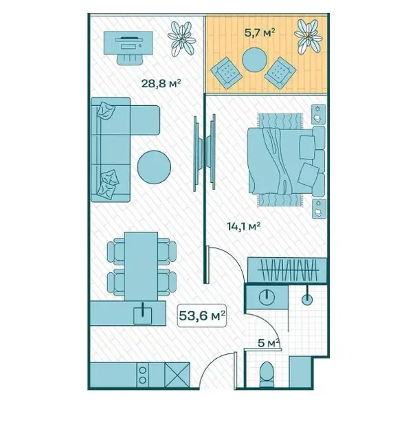Sun Hills Lakeside Phuket — 1 спальня · 53.6 м², Банг Тао и Лагуна, Пхукет