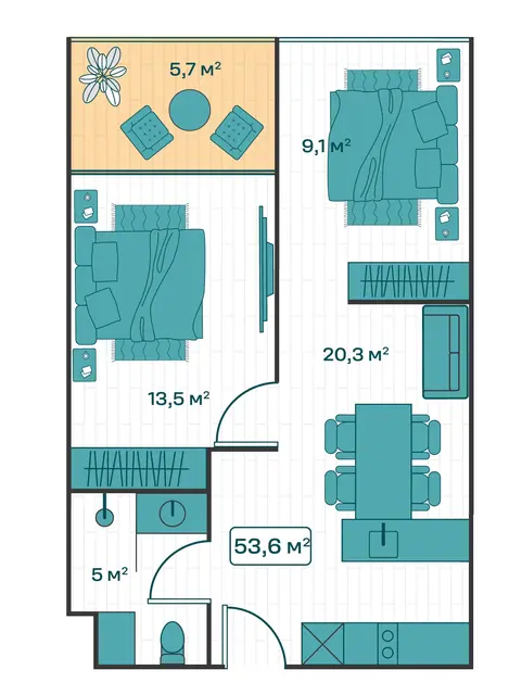 Sun Hills Lakeside Phuket — 2 спальни · 53.6 м², Банг Тао и Лагуна, Пхукет