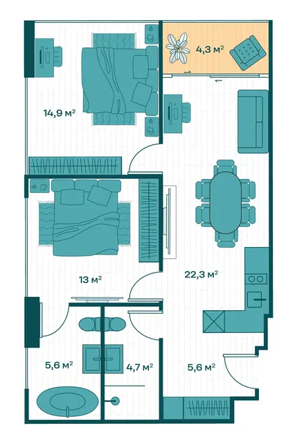 Sun Hills Lakeside Phuket — 2 спальни · 77 м², Банг Тао и Лагуна, Пхукет