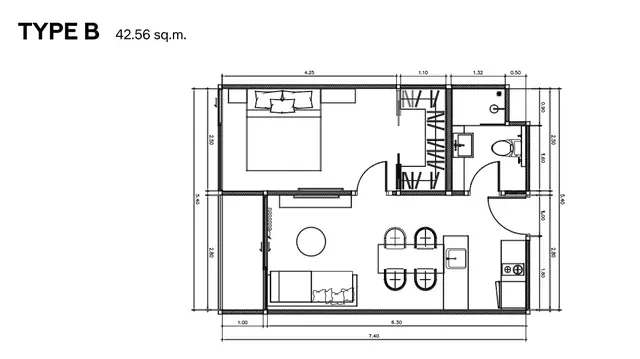 Sun Hills Layan — Тип B — 1 спальня · 42.56 м², Лаян, Пхукет