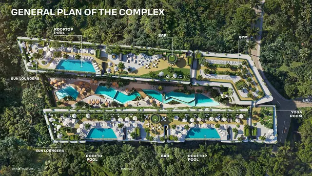 Sun Hills Layan — Генплан комплекса: бассейны на кровле, бары, фитнес, йога, Лаян, Пхукет