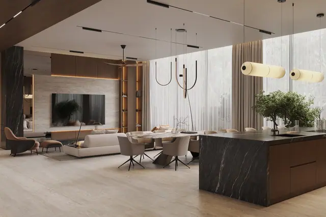 Sunti Villas — Гостиная-столовая с кухонным островом, Банг Тао и Лагуна, Пхукет