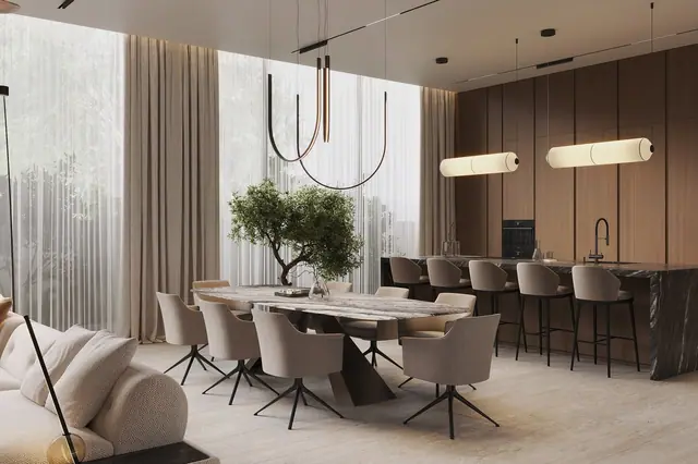 Sunti Villas — Столовая и гостиная с деревом в кадке, Банг Тао и Лагуна, Пхукет