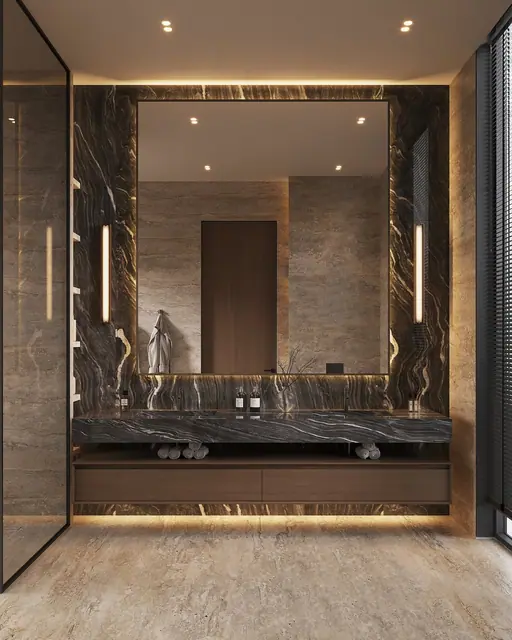 Sunti Villas — Ванная с двойной раковиной в мраморе, Банг Тао и Лагуна, Пхукет