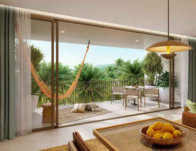 Surfhouse Residences — Гостиная с выходом на балкон · тип B1, 2 спальни, Банг Тао и Лагуна, Пхукет