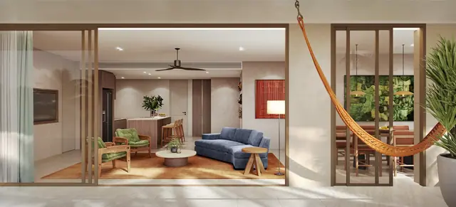 Surfhouse Residences — Гостиная с балконом и гамаком · тип D2, Банг Тао и Лагуна, Пхукет