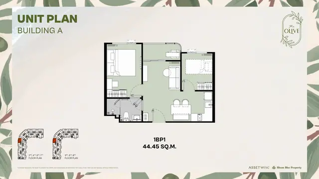 The Olive — 1 спальня плюс · 44,45 м² — тип 1BP1, корпус A, Най Янг и Май Као, Пхукет