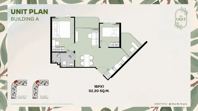The Olive — 1 спальня плюс · 52,20 м² — тип 1BPX1, корпус A, Най Янг и Май Као, Пхукет