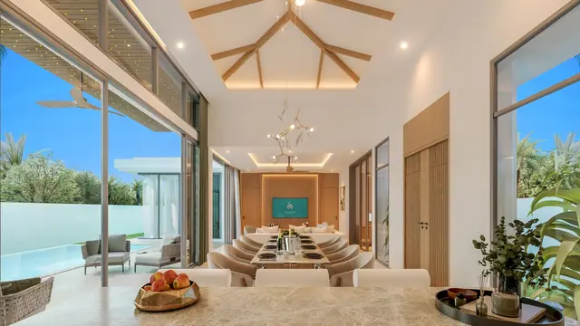 The Ozone Luxury Villas — Гостиная-столовая с выходом к бассейну · Campus Villa, Банг Тао и Лагуна, Пхукет