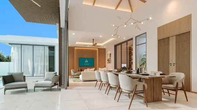 The Ozone Luxury Villas — Гостиная-столовая с высоким потолком · Campus Villa, Банг Тао и Лагуна, Пхукет