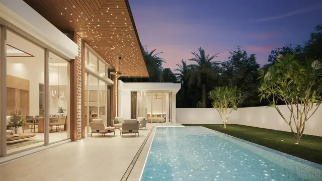 The Ozone Luxury Villas — Терраса с перфорированным потолком вечером · Campus Villa, Банг Тао и Лагуна, Пхукет