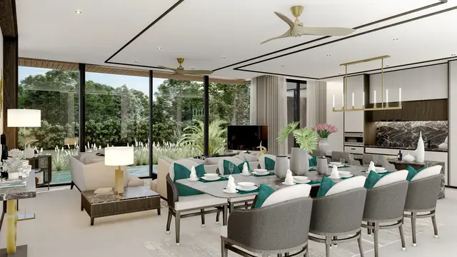 The Ozone Luxury Villas — Гостиная-столовая с ТВ · 4+1 спальня, Банг Тао и Лагуна, Пхукет