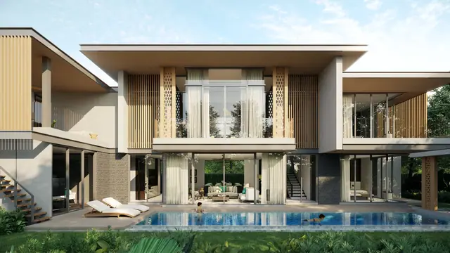 The Ozone Luxury Villas — Фасад виллы от кромки бассейна · 4+1 спальня, Банг Тао и Лагуна, Пхукет
