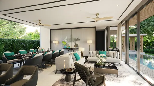 The Ozone Luxury Villas — Гостиная-столовая с выходом к бассейну · 4+1 спальня, Банг Тао и Лагуна, Пхукет