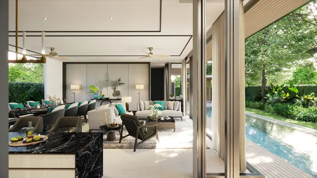 The Ozone Luxury Villas — Гостиная от кухонного острова · 4+1 спальня, Банг Тао и Лагуна, Пхукет
