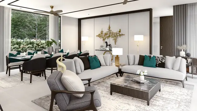 The Ozone Luxury Villas — Гостиная с угловым диваном и столовой · 4+1 спальня, Банг Тао и Лагуна, Пхукет