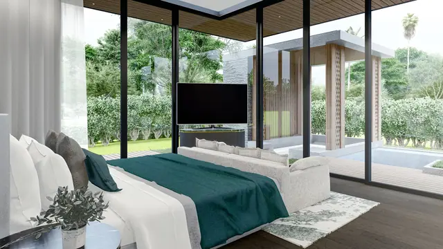 The Ozone Luxury Villas — Спальня с угловым остеклением и видом на бассейн · 4+1 спальня, Банг Тао и Лагуна, Пхукет