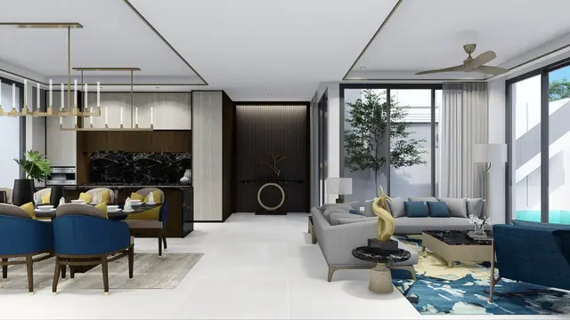The Ozone Luxury Villas — Гостиная-столовая с кухней у окна · 4+1 спальня, Банг Тао и Лагуна, Пхукет