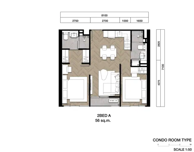 The Ozone Signature Condominium — 2BR тип A — 56 м², Банг Тао и Лагуна, Пхукет
