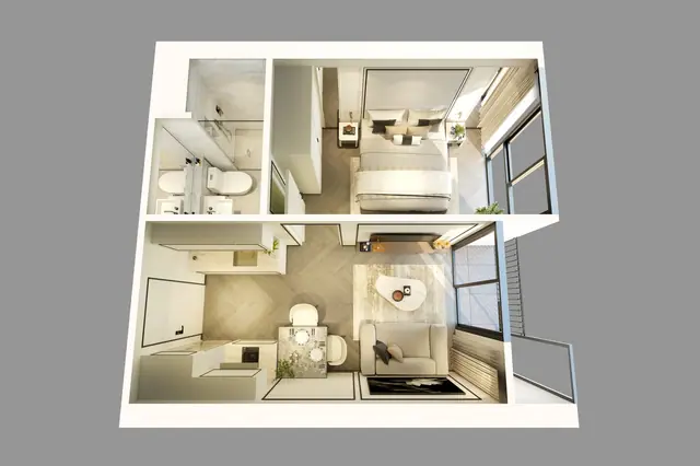 The Ozone Signature Condominium — 1 спальня, тип A · 32 м² — 3D-план с мебелью, Банг Тао и Лагуна, Пхукет