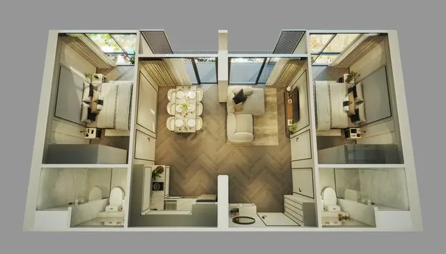 The Ozone Signature Condominium — 2 спальни по краям гостиной-столовой — 3D-план с мебелью, Банг Тао и Лагуна, Пхукет