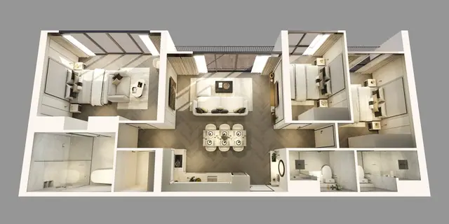 The Ozone Signature Condominium — 3 спальни · 111 м² — 3D-план с мебелью, Банг Тао и Лагуна, Пхукет