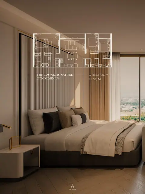 The Ozone Signature Condominium — 3 спальни · 111 м² — план на фоне интерьера спальни, Банг Тао и Лагуна, Пхукет