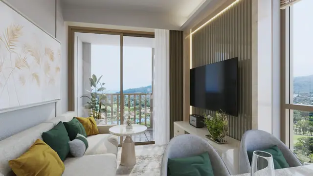 The Ozone Signature Condominium — Гостиная с телевизором и балконом, Банг Тао и Лагуна, Пхукет