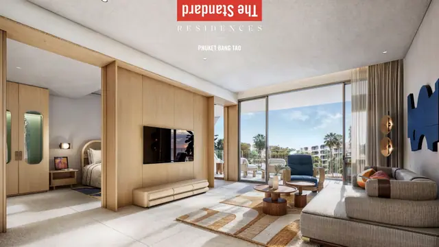 The Standard Residences — Гостиная с ТВ-панелью и спальней за перегородкой, Банг Тао и Лагуна, Пхукет