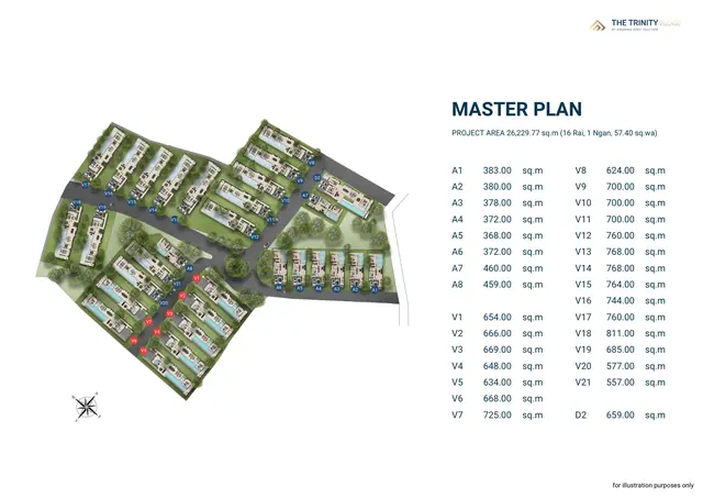 The Trinity Village — Генплан посёлка с площадями участков, Банг Тао и Лагуна, Пхукет
