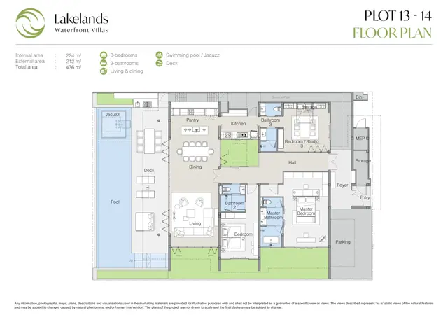 Waterfront Villas Laguna Lakelands — Участки 13–14 — план виллы · 3 спальни · 436 м² (224 внутр. + 212 внеш.), Банг Тао и Лагуна, Пхукет