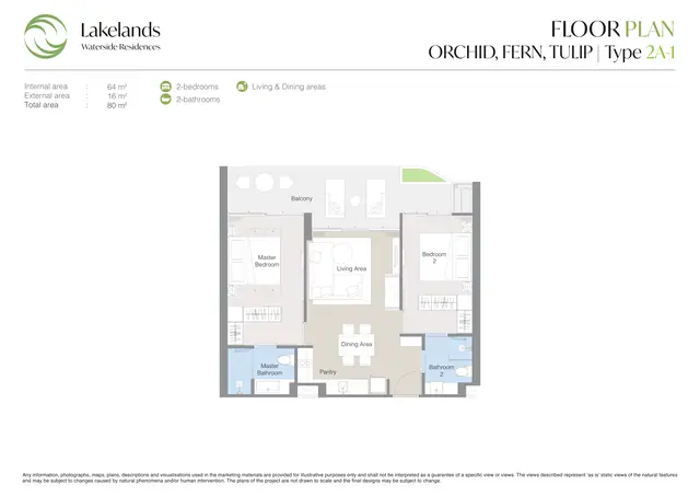 Waterside Residences Laguna Lakelands — 2 спальни · 2A-1 · 80 м², Банг Тао и Лагуна, Пхукет