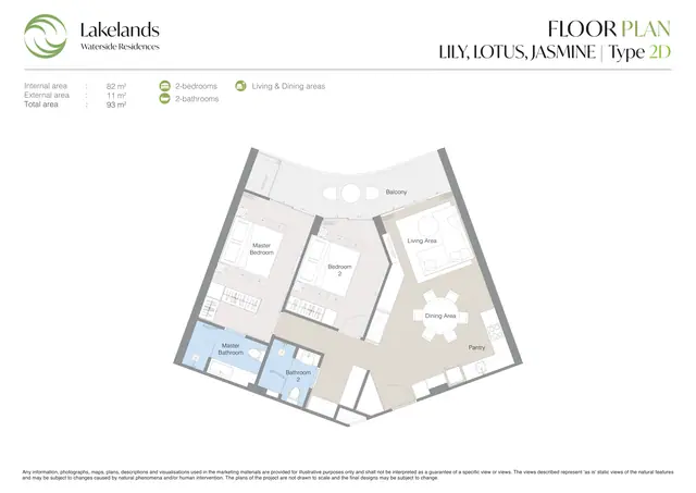 Waterside Residences Laguna Lakelands — 2 спальни · 2D · 93 м², Банг Тао и Лагуна, Пхукет