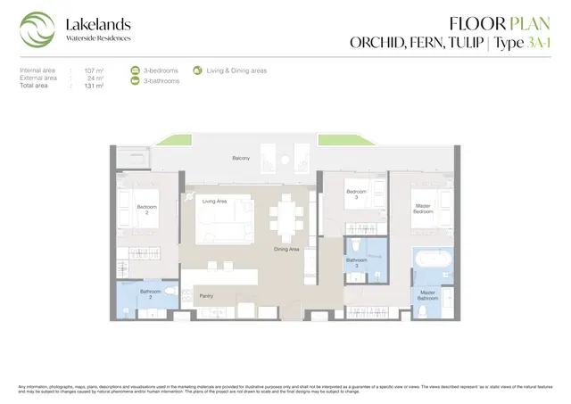 Waterside Residences Laguna Lakelands — 3 спальни · 3A-1 · 131 м², Банг Тао и Лагуна, Пхукет
