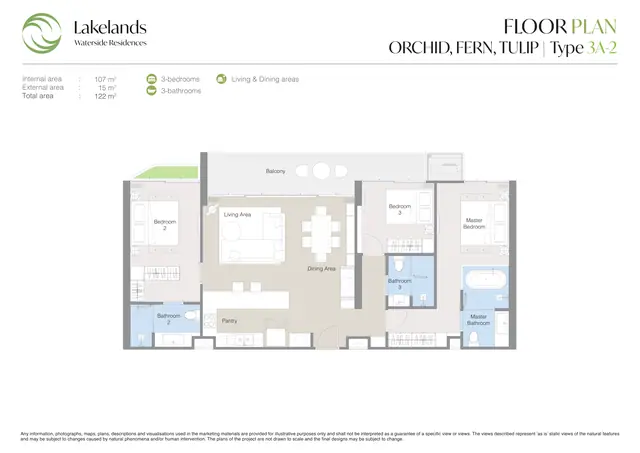 Waterside Residences Laguna Lakelands — 3 спальни · 3A-2 · 122 м², Банг Тао и Лагуна, Пхукет