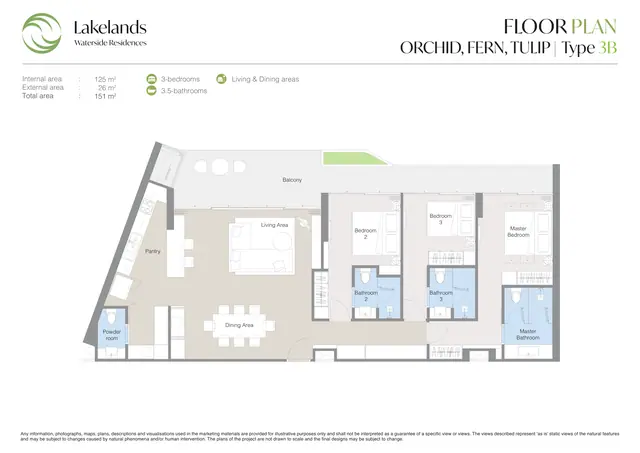 Waterside Residences Laguna Lakelands — 3 спальни · 3B · 151 м², Банг Тао и Лагуна, Пхукет