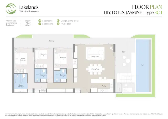 Waterside Residences Laguna Lakelands — 3 спальни · 3C-1 · 192 м², Банг Тао и Лагуна, Пхукет