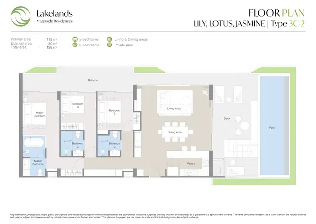Waterside Residences Laguna Lakelands — 3 спальни · 3C-2 · 198 м², Банг Тао и Лагуна, Пхукет