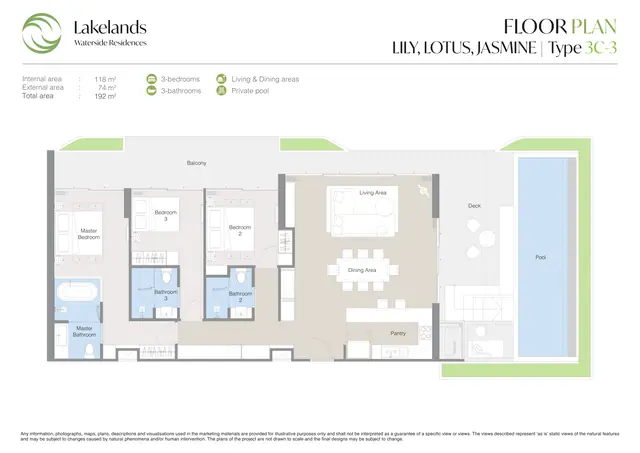 Waterside Residences Laguna Lakelands — 3 спальни · 3C-3 · 192 м², Банг Тао и Лагуна, Пхукет